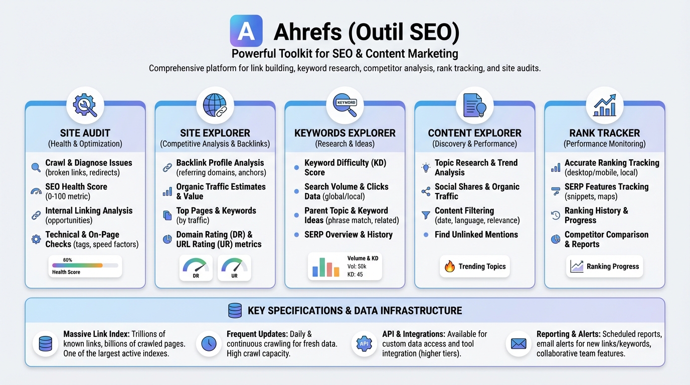 Infographie caractéristiques techniques Ahrefs - Outil SEO