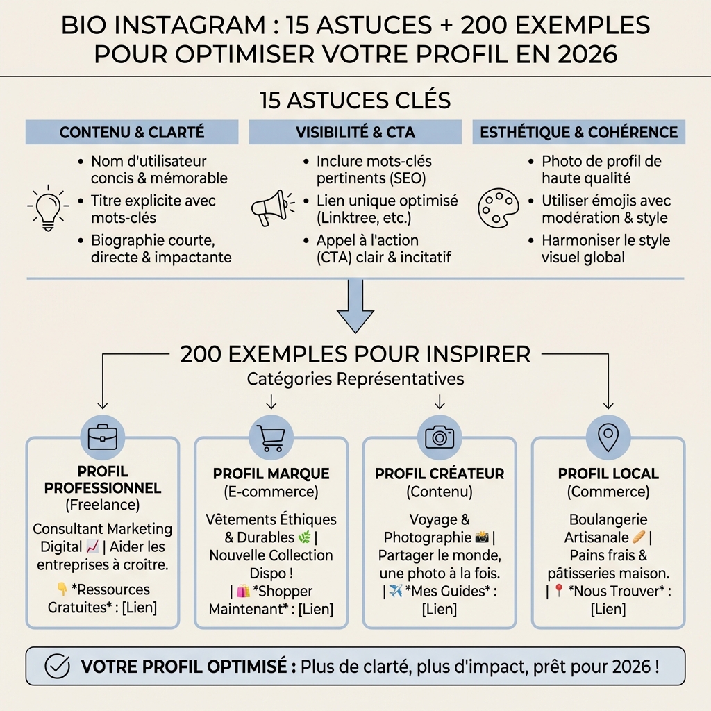 Bio Instagram : 15 Astuces + 200 Exemples pour Optimiser Votre Profil en 2026 - infographie